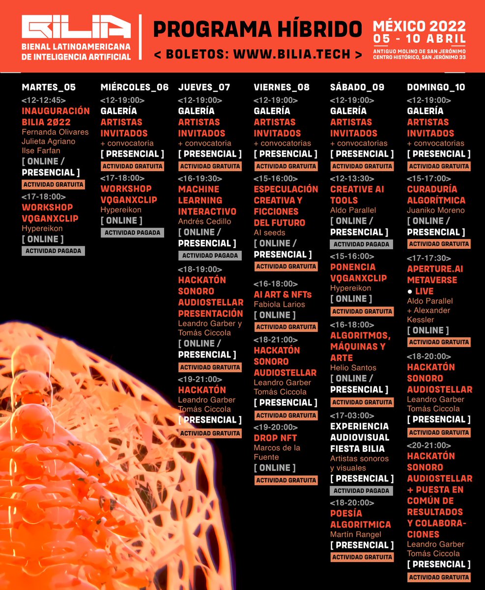 <Presentamos nuestro programa híbrido/oferta educativa y experiencial para BILIA México 2022>

Se parte de este primer acontecimiento en Latinoamérica, Te esperamos!

#BILIA2022 #AI #IA #Latinoamerica #ArtistOnTwitter