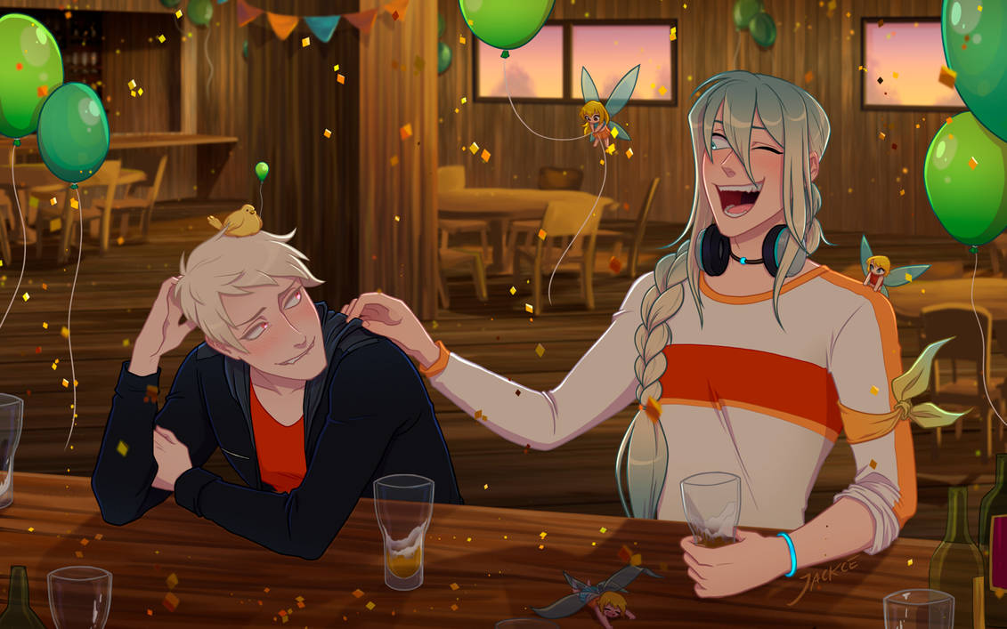 Jackce's tweet photo. Prussia (#Hetalia) and Beer (#FoodFantasy) 💚 commission for my dear boy @Heta_Birdie 💚

Enjoy the #crossover!
#hwsPrussia #aphPrussia #ffBeer #BeerFF #Commission #beer #fairy #gilbird #bar https://t.co/IvIJYIVA6j