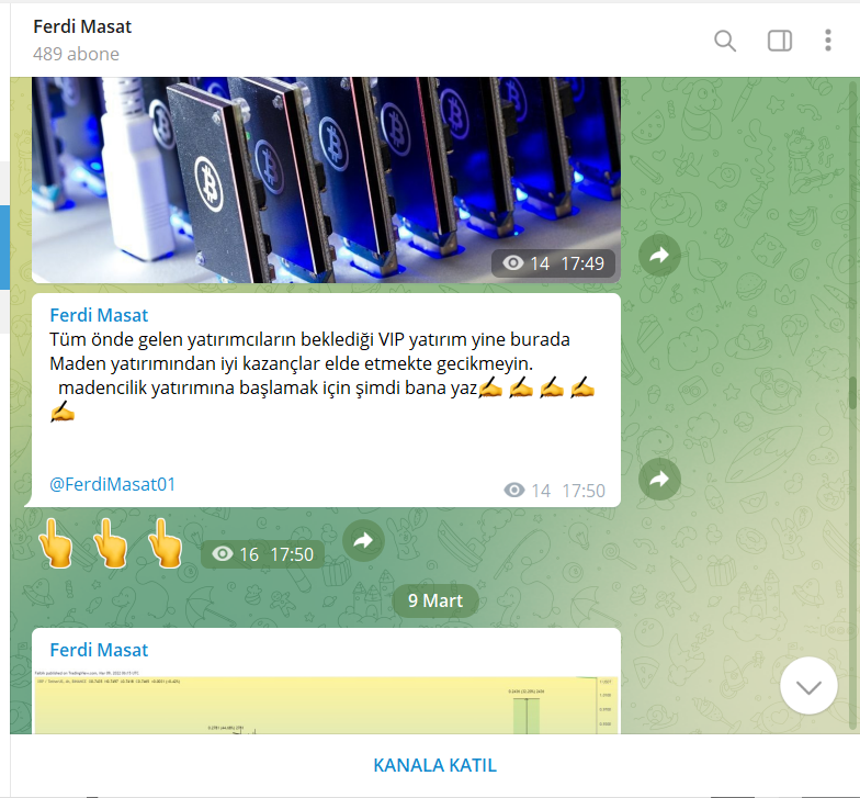 Kendime ait hiç bir telegram vs grubum yok, hiç bir grupta al, sat tut vs sinyal paylaşımı yapmam, hele forekste asla işlem yapmam önermem, birileri adımı kullanarak sahte isimle telegram kanalı açıp milleti toplamış, bu dolandırıcıyı deşifre ediyorum ve yasal işlemleri başlattım