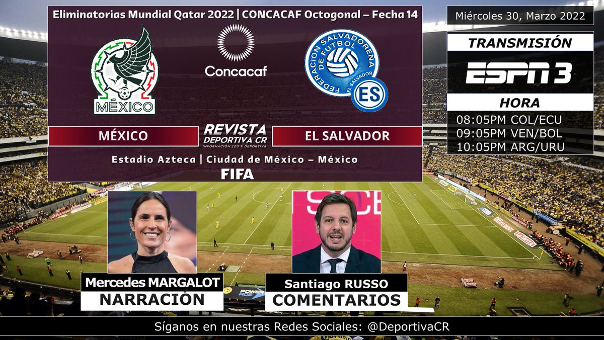 DeportivaCR's tweet photo. #EliminatoriasQatar2022
🏆 @Concacaf | Octogonal - Fecha 14
🇲🇽 @miseleccionmx v @LaSelecta_SLV 🇸🇻
🎙️ @MechiMargalot @SantiRusso
⏰08:05pm COL 09:05pm VEN 10:05pm ARG por @ESPNArgentina 3
🇺🇦🇨🇷 #PrayingForUkraine #RumboAlMundial #ESPNenStarPlus #MEXvsSLV #DeportivaCR https://t.co/8l2scy1h4s