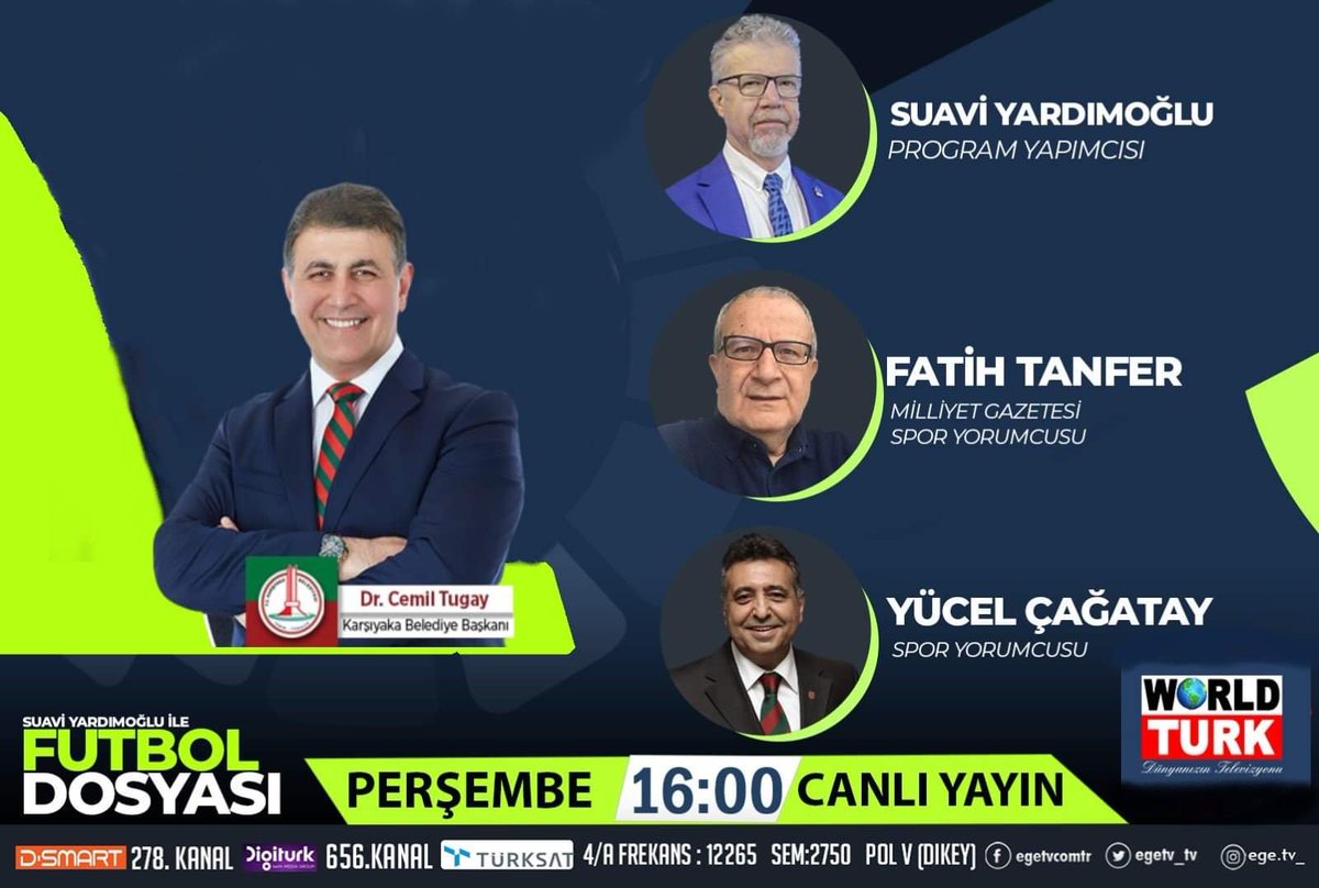 worldturktv's tweet photo. 🎥 #CANLI📍 #İzmir 💙 
➤#Karşıyaka Bel.Bşk.Dr.Cemil Tugay, Suavi Yardımoğlu, Fatih Tanfer ve Yücel Çağatay ile gündemi değerlendirecek.
📆 Perşembe ⏰ 16.00
🌐 YAYIN
📡#Türksat4A #D_Smart 278.Kanal
👉 https://t.co/2lG4uhmFbm
📡Dünyanızın Televizyonu W🌍RLD TURK
@drcemiltugay https://t.co/9xe58brznD