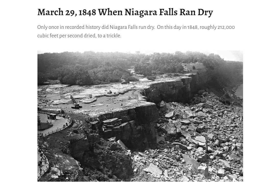 Don_Penim's tweet photo. 174 Years Ago...

March 29, 1848  - When Niagara Falls Ran Dry

Only once in recorded history did Niagara Falls run dry.  On this day in 1848, roughly 212,000 cubic feet per second dried, to a trickle.

https://t.co/Ko04RbbKlg https://t.co/NfpLyY7y9g