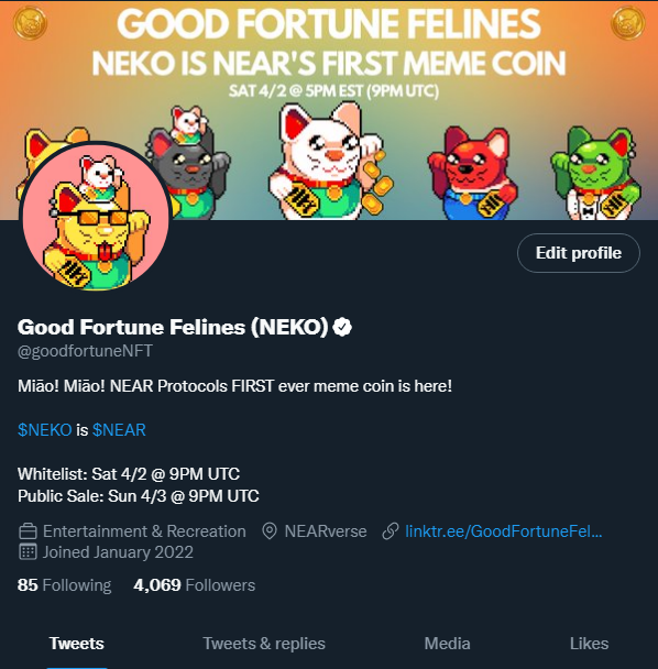 nekotoken_xyz's tweet photo. Miāo! Miāo! Thank you Felines for 4000 Follows 🎉

To show our thanks for this huge milestone we are giving away 5 whitelist spots to the GFF community!

To enter:
1⃣Follow @goodfortuneNFT 
2⃣Like + RT
3⃣Join our discord https://t.co/HSZ683kP0A https://t.co/cn3n7jcUk5