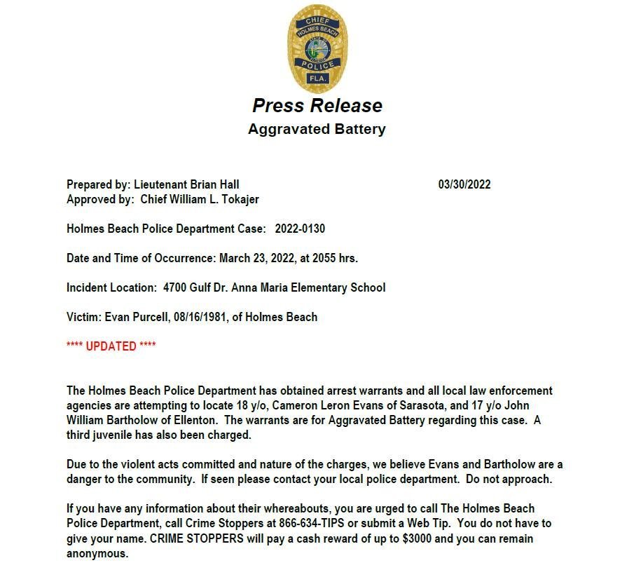 HolmesBeachPD's tweet photo. Bartholow has been arrested. Evans is still wanted... https://t.co/sL4ormFJIi
