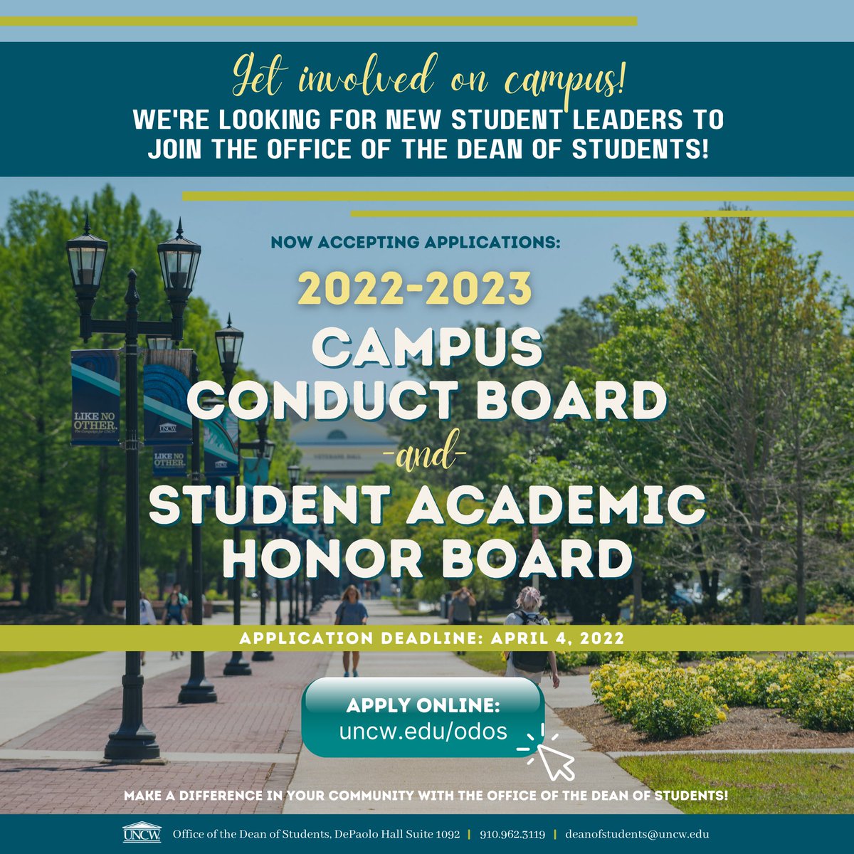Seahawk_OCSS's tweet image. 📲We're looking for student leaders to join the Office of the Dean of Students! Apply online @ uncw.edu/odos📲
