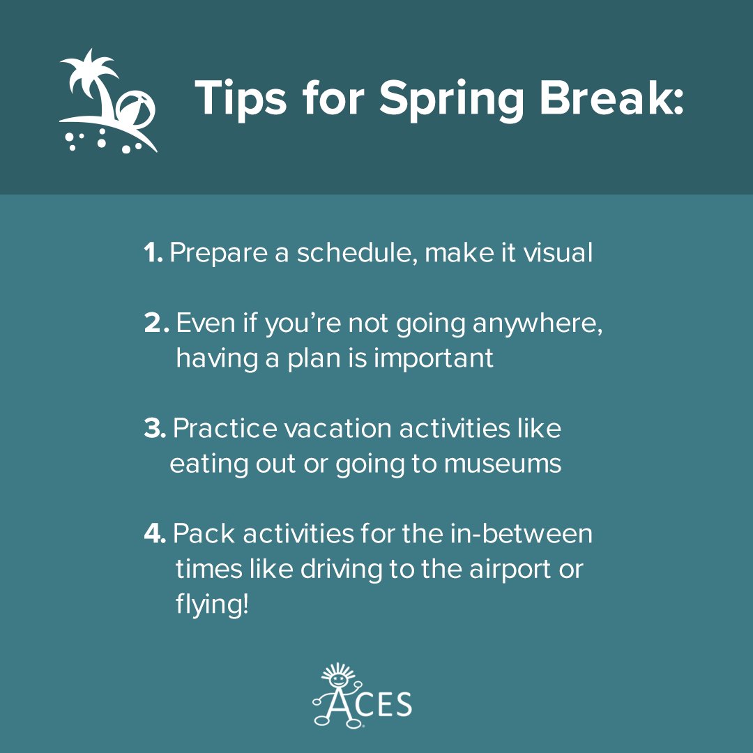 ACESautism's tweet photo. Whether you're getting ready for Spring Break, or you're staying home to spend time with family, these tips are a great way to prepare you and your child for the adventure ahead!

Talk to your supervisor to find out what fun Spring Break activities are going on! https://t.co/XXBZjET8nX
