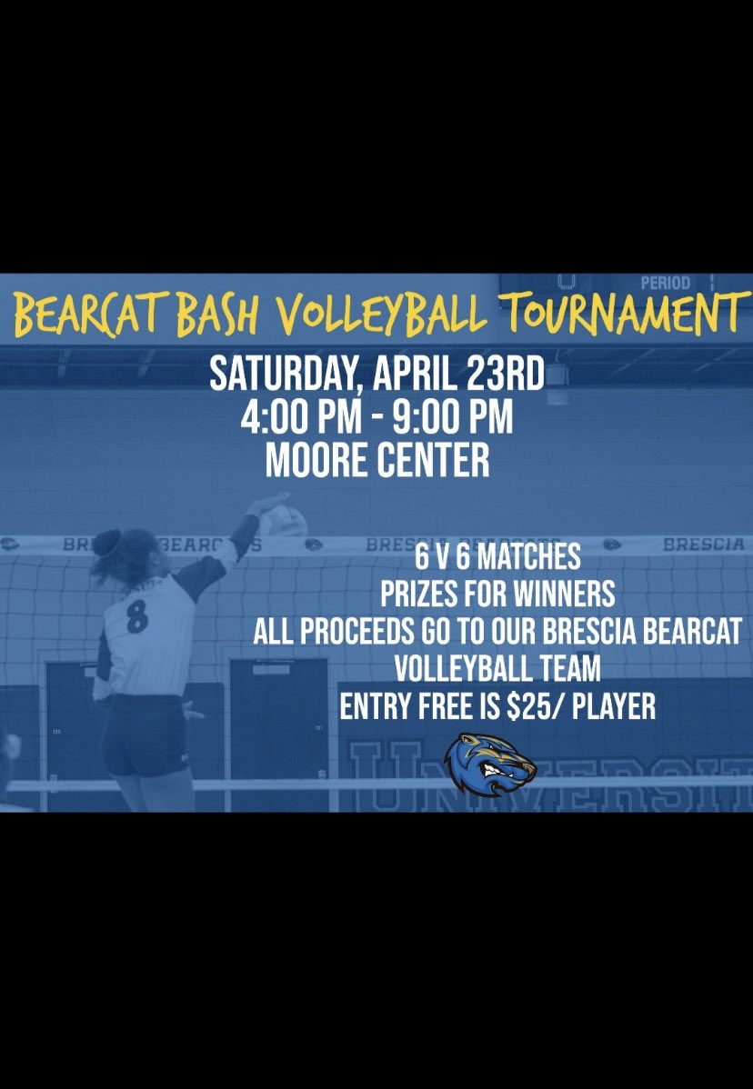 Come on out and support the Lady Bearcat Volleyball team! 🏐 Grab 6 friends and come compete to win prizes and Brescia Volleyball gear! Sign up now, we can’t wait to see you there 🏐💙💛 #bearcatbash Link To Sign Up: brescia.weshareonline.org/ws/opportuniti…