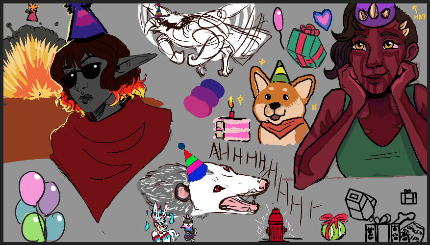 Eve_Draws's tweet photo. Sketchy things: A sketch comm, a warm-up, and some things from a doodle night with my friends a few weeks ago. Friend art by @gamma_rae, @Wotey_Coyote  and others on https://t.co/sKZaeDlEj5. (I drew the dog, the purple girl sans her hat, and the beautiful fire extinguisher lol.) https://t.co/GWazfgaPmv