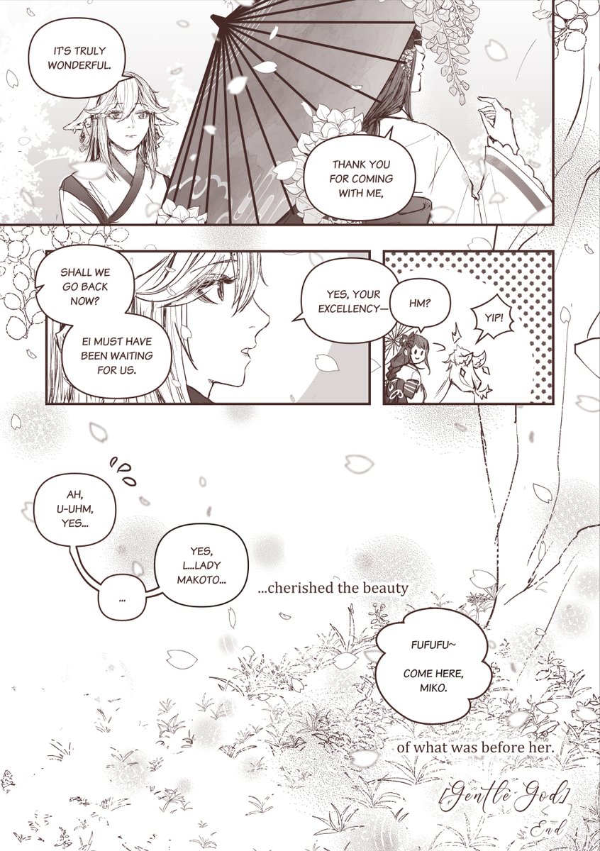 [Gentle God]
#genshinimpact #原神 Fancomic
--

My take on words phrased by Yae Miko regarding Paimon's question "what kind of god was Makoto?" at the final part of Inazuma Archon Quest. 