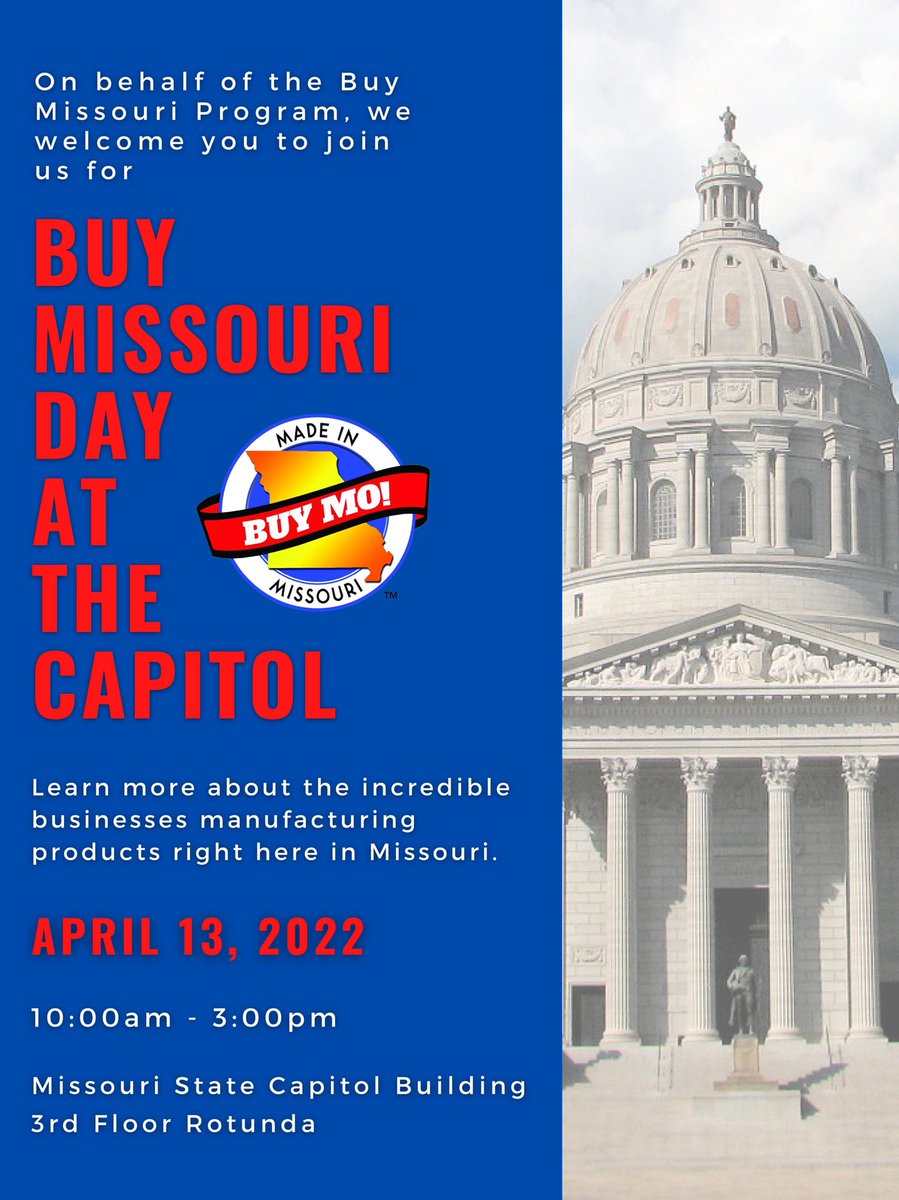 GovMikeKehoe's tweet photo. Mark your calendars for @BuyMissouri Day at the Capitol on April 13! Come visit with some fantastic Missouri manufacturers and learn more about the products made right here in our state. #BuyMO https://t.co/yz3AnDXZuQ