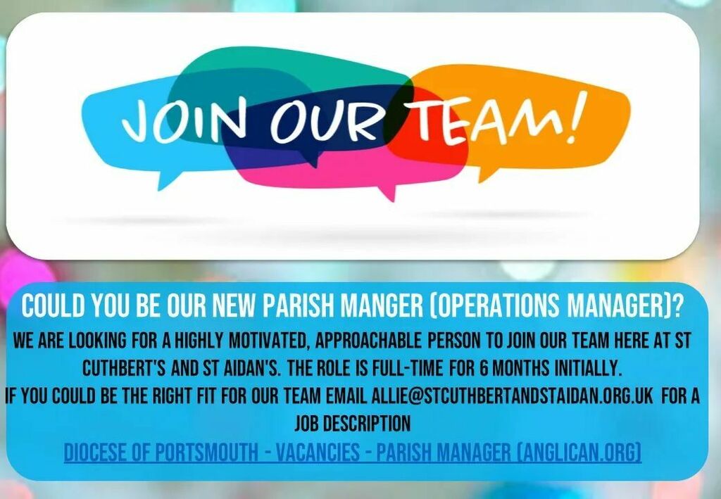 We have an exciting opportunity to join our team! 

We are recruiting for a Parish Manager/ Operations Manager - full time on a 6 month contract initially. 

For further information then contact us, or view the advert on the Diocesan advert … instagr.am/p/CbvW74LodkQ/