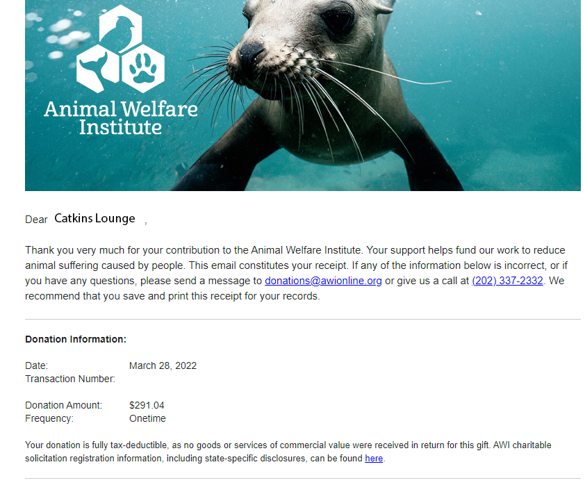 CatkinsLounge's tweet photo. We made our first donation to @AWIOnline 

2 ADA from every mint goes towards charity to make a better world for animals.😺

Thank you to everyone that has minted so far to make this possible.❤️ https://t.co/DpgFjUYaaV