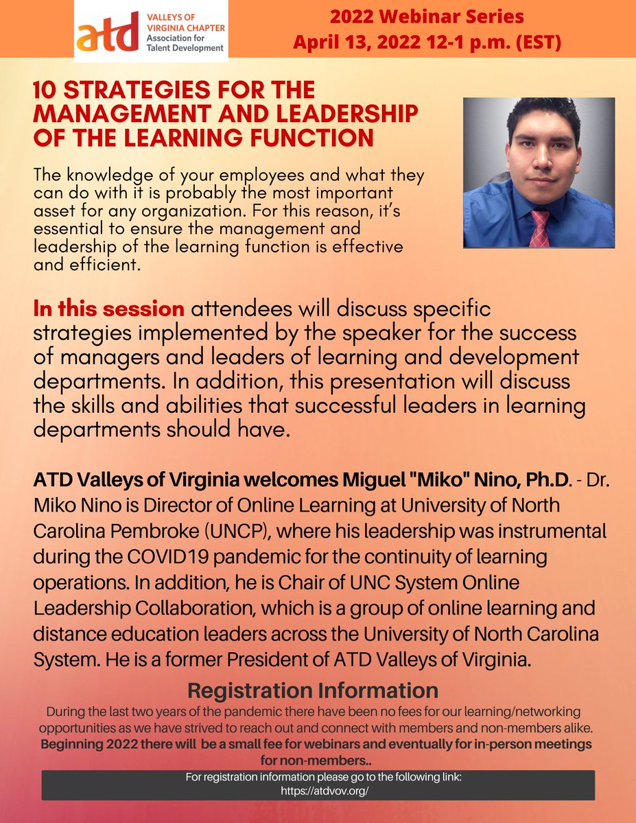 Grab your lunch and join Dr. Miko Nino for a discussion on "10 Strategies for the Management and Leadership of the Learning Function" on April 13 from 12:00 pm to 1:00 pm EST.

For more information and to register: astdvalleysofvirginia.wildapricot.org/event-4761217