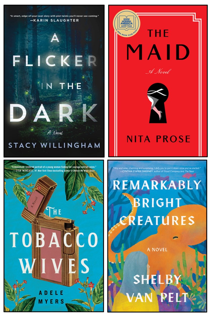 AnnieCRomano's tweet photo. Some favorite reads from the past few months! (Remarkably Bright Creatures was an ARC--coming in May 2022). #Booklove #AdultFiction #OnMyShelves #ReadingforTreasure @svwillingham @NitaProse @adelejam @shelbyvanpelt #WellDoneLadies! #WritersRead #AgentsRead https://t.co/I34ZhC8GQn