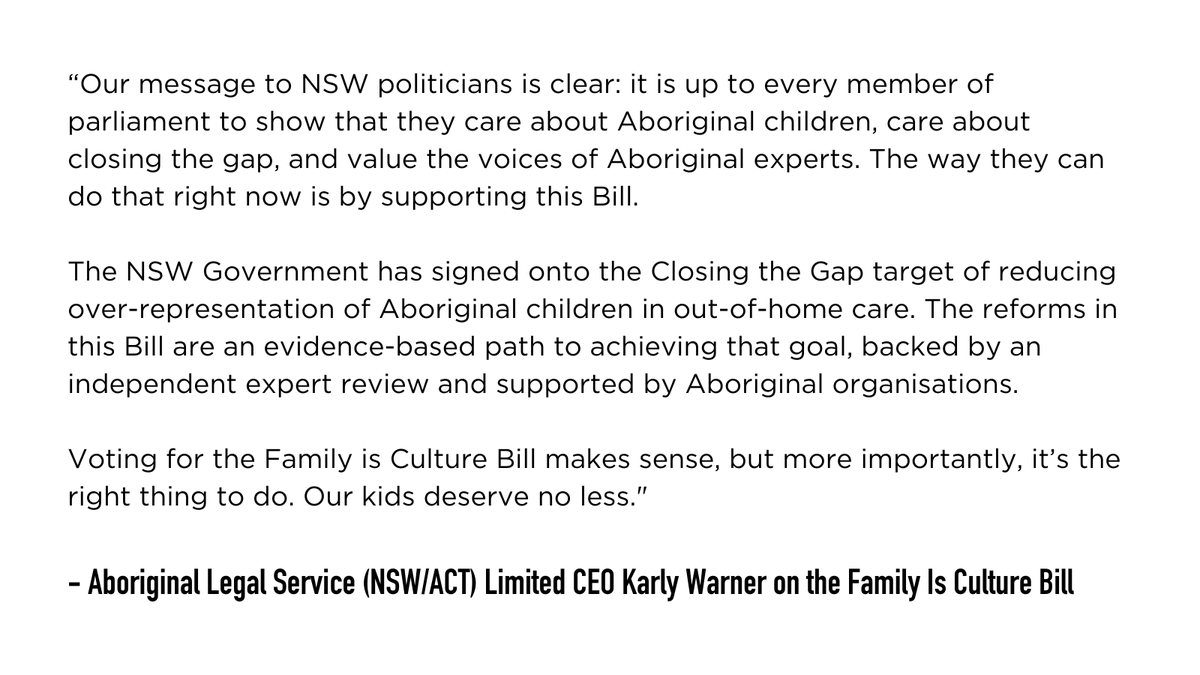 The NSW Legislative Assembly is currently considering the #FamilyIsCulture Bill, a proposal to reform the broken child protection system to support Aboriginal kids.

We remind MLAs of the mandate from Aboriginal peak organisations: support our children, support this Bill. #nswpol