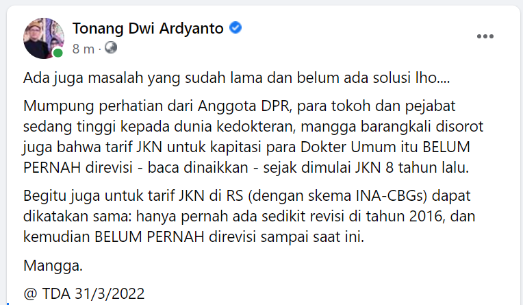 tonangardyanto's tweet photo. Tarif Kapitasi JKN sudah 8 tahun belum direvisi. Tarif CBGs dapat dikatakan sama: sedikit revisi di 2016, kemudian belum ada perubahan sampai sekarang. 

Mangga ini juga sangat penting menjadi perhatian. 

Nuwun. https://t.co/IJK86b7vnL