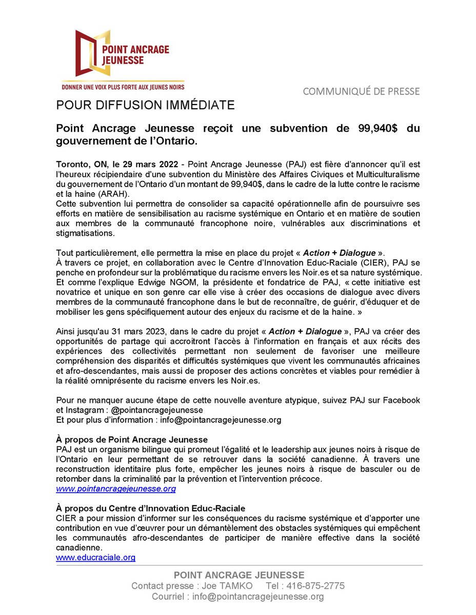 • Communiqué de presse • Pour diffusion immédiate • en collaboration avec <a href="/EducRaciale/">Centre d'innovation Éduc-raciale</a>
