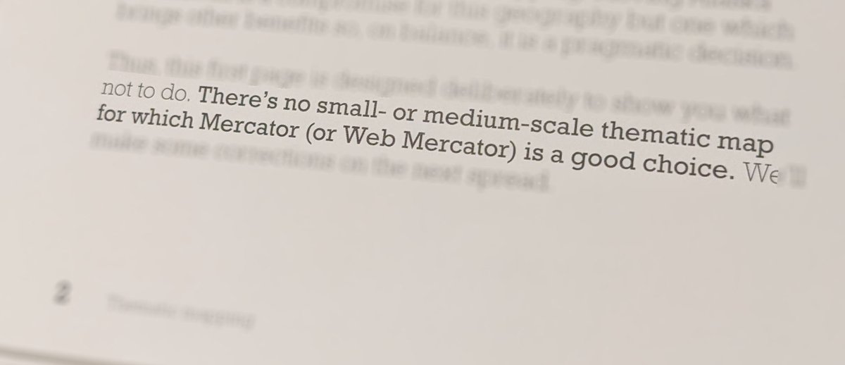ProjectionWizz's tweet image. Last night, I had a privilege to flip through #ThematicMapping book by @kennethfield. As every good book on #cartography, it starts with a very solid and clear statement.
#endMercator #mapprojecions #mapprojectionsarehard #ThisIsMyTruthTellMeYours