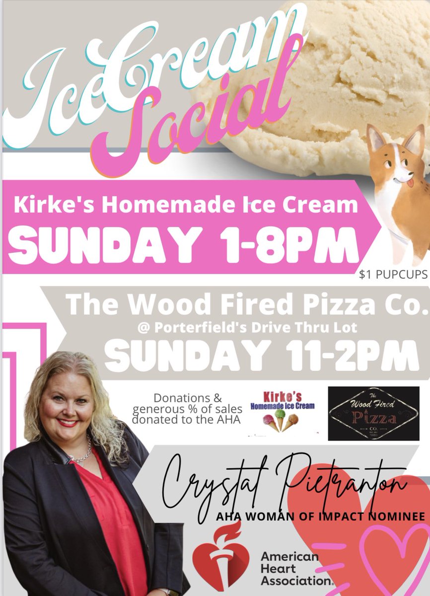 cpietranton's tweet photo. Come out this Sunday April 3rd at Kirke's Homemade Ice Cream for an Ice Cream Social from 1-8 pm. 

Wood Fired Pizza Company will be serving pizza from 11-2 at the entrance of Porterfied’s Drive Thru lot.  

Bring your dogs and have them enjoy $1 pup cups! https://t.co/abiy9aPvOi