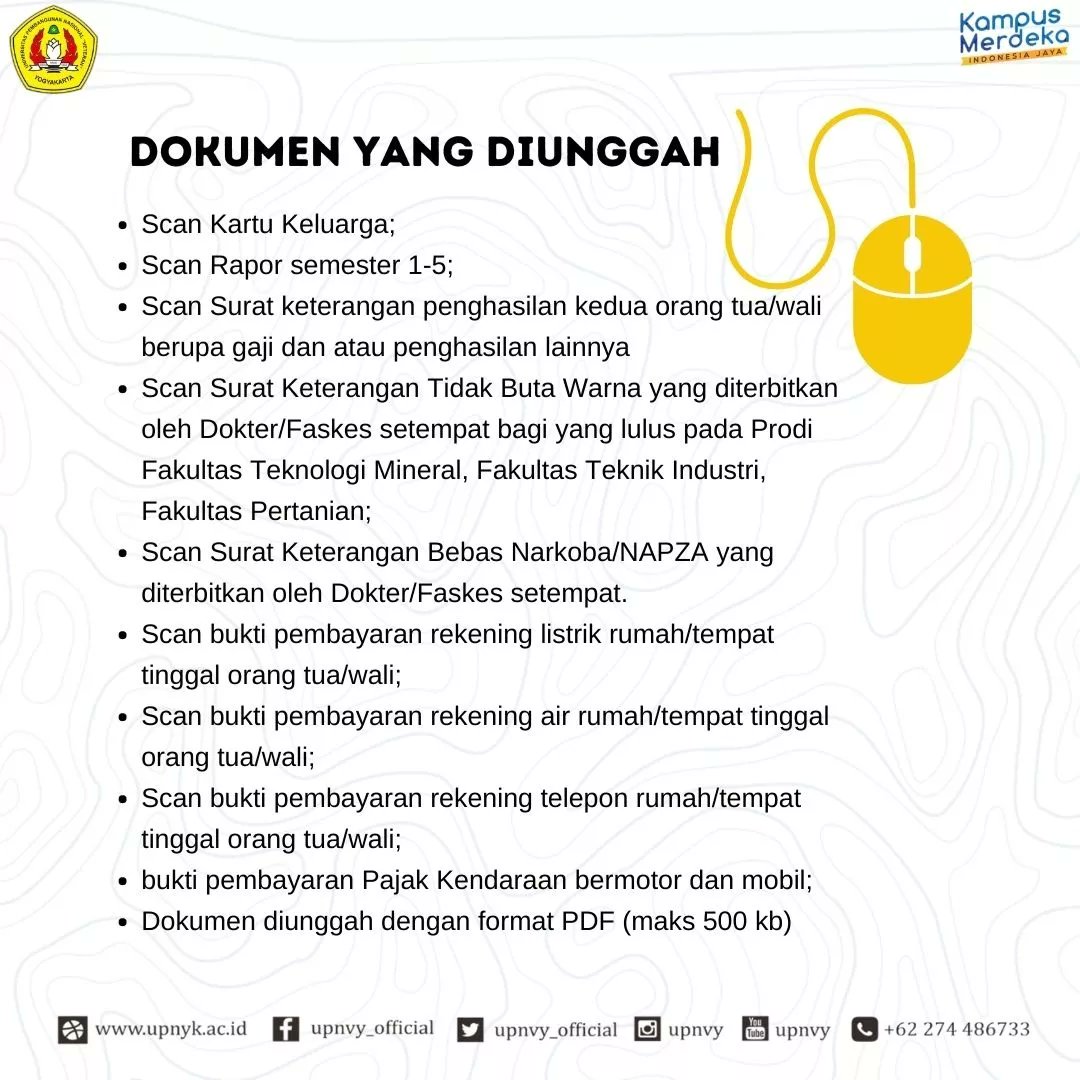 Bagi calon mahasiswa baru jalur seleksi #snmptn2022 silakan melakukan registrasi ulang mulai tanggal 1 April 2022.

Buka laman pmb.upnyk.ac.id
Siapkan dokumen yang diminta dulu ya, karena akun registrasi hanya bisa diakses pada waktu yang sudah ditentukan.