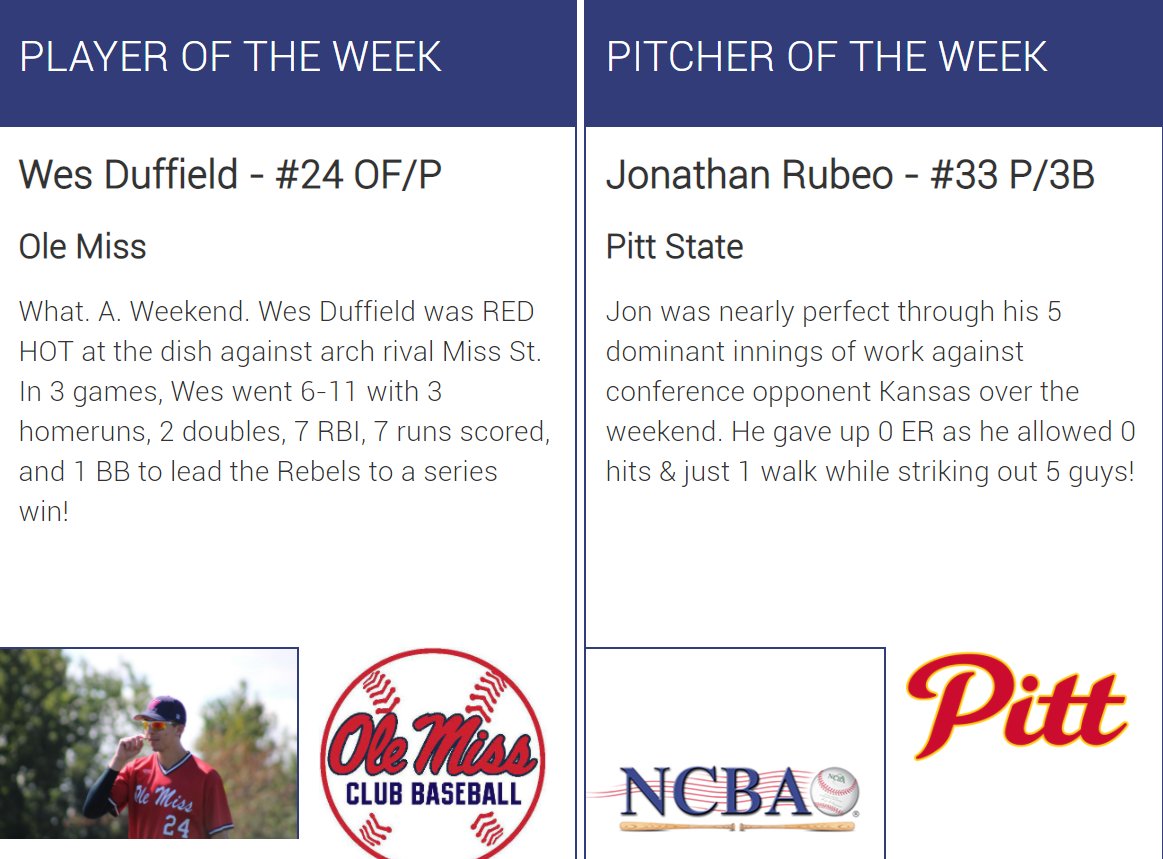 Congratulations to Wes Duffield (@OM_ClubBaseball) and Jonathan Rubeo (@PSUClubBaseball) on earning Week 18 NCBA DI National Player & Pitcher of the Week honors! #RoadToSC clubbaseball.org