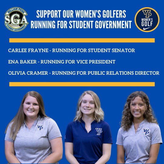 WPUWomensGolf's tweet photo. We have some girls running for positions in @wpusga! Meet them at the candidates’ ice cream social tonight at 6pm on the PAC courts before the men’s volleyball game! https://t.co/PeFNsODigC