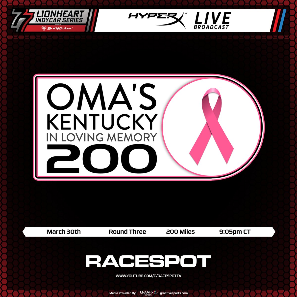 LionheartSeries's tweet photo. Your @HyperX eflyer for round 3 of the Lionheart IndyCar Series Presented by @TheButtKicker  is tonight for the OMA's Kentucky 200 from Kentucky Speedway.
Broadcast starts at 9:00PM CST with green flag at 9:20PM CST.  
https://t.co/h0n63yKPJQ

#iracing #dallarair18 #esports https://t.co/i4JYIvQUwx