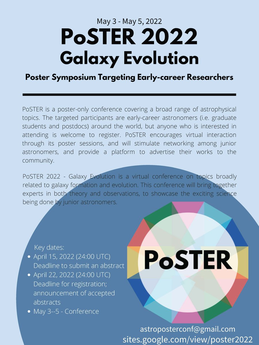 The funding has been secured, so it's official! We have been organizing a virtual poster-only conference (PoSTER 2022) on galaxy formation for junior astronomers. Whether you have some old posters to recycle, or want to share some new results with your peers, come join us in May!