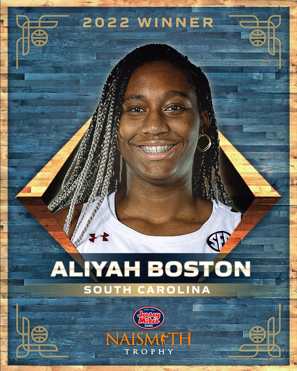 𝐏𝐋𝐀𝐘𝐄𝐑 𝐎𝐅 𝐓𝐇𝐄 𝐘𝐄𝐀𝐑 🏆

South Carolina's Aliyah Boston has been named the 2022 <a href="/jerseymikes/">Jersey Mike's Subs</a> Naismith Women’s College Player of the Year!

Boston has averaged 16.8 PPG/12.2 RPG this season.

<a href="/aa_boston/">Aliyah A. Boston</a> x <a href="/GamecockWBB/">South Carolina Women's Basketball</a> 🤙