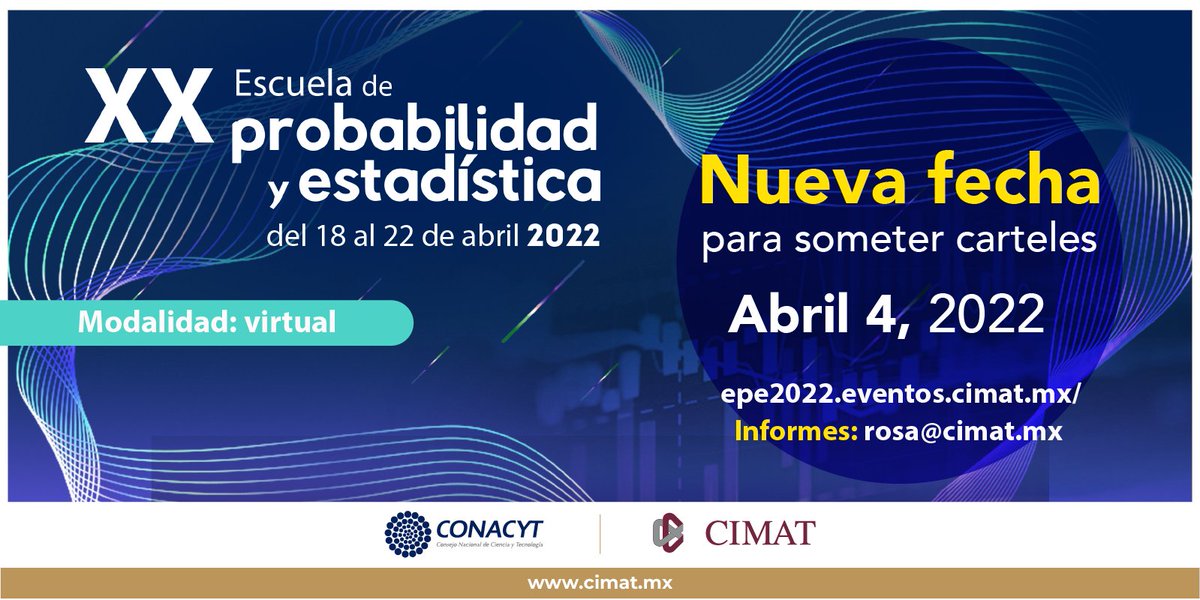 cimatoficial's tweet photo. XX Escuela de Probabilidad y Estadística
⚠️ Nueva fecha para someter carteles ⚠️
Para más información consulta ➡️ https://t.co/phEMDyQwxW
¿Dudas? escribe al correo 📧 rosa@cimat.mx
#ProbabilidadyEstadística #CIMAT #EventosCIMAT #Probabilidad #Estadística https://t.co/2KfqY8Ns7K