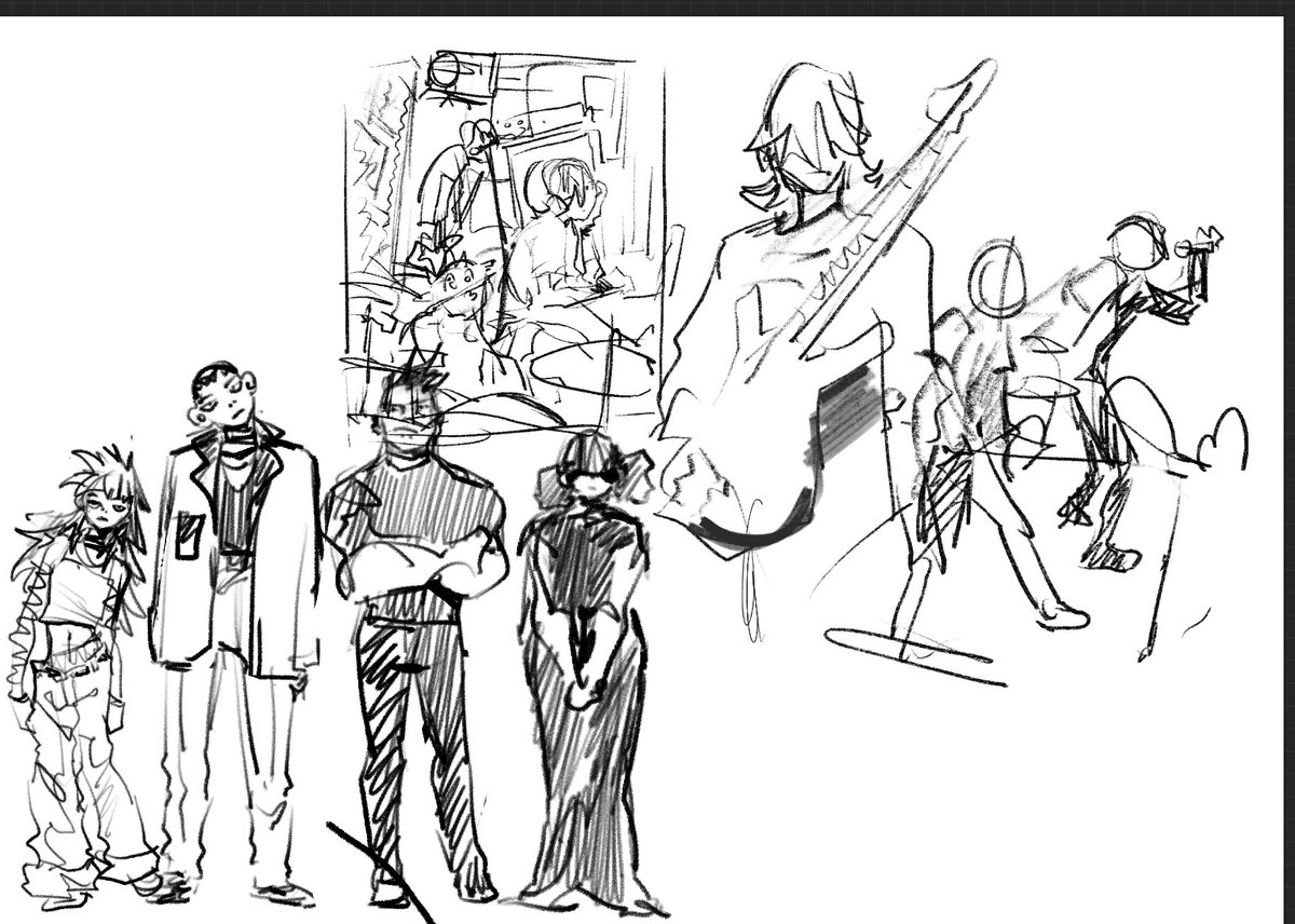 OC band idea that I found in old procreate files 
Perform in a place called the urinal..... probably called some stupid shit like the pisslords,,. All the members are named after car parts, make echoey alt rock music idk .... kinda wanna develop them only so I can draw the uninal 