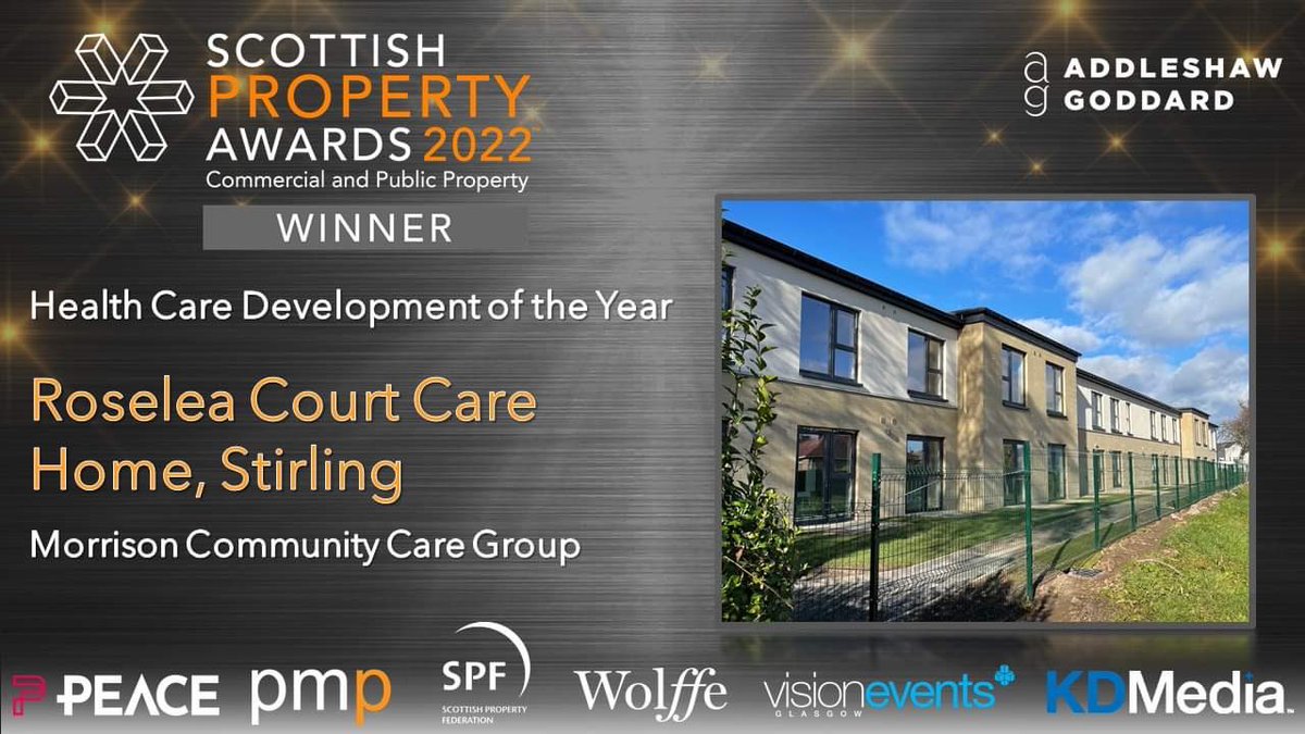 scotpropawards's tweet image. The WINNER of the Health Care Development of the Year sponsored by Addleshaw Goddard @AGinsight is Roselea Court Care Home, Stirling by Morrison Community Care Group #scottishpropertyawards #scotprop22 #comprop #realestate