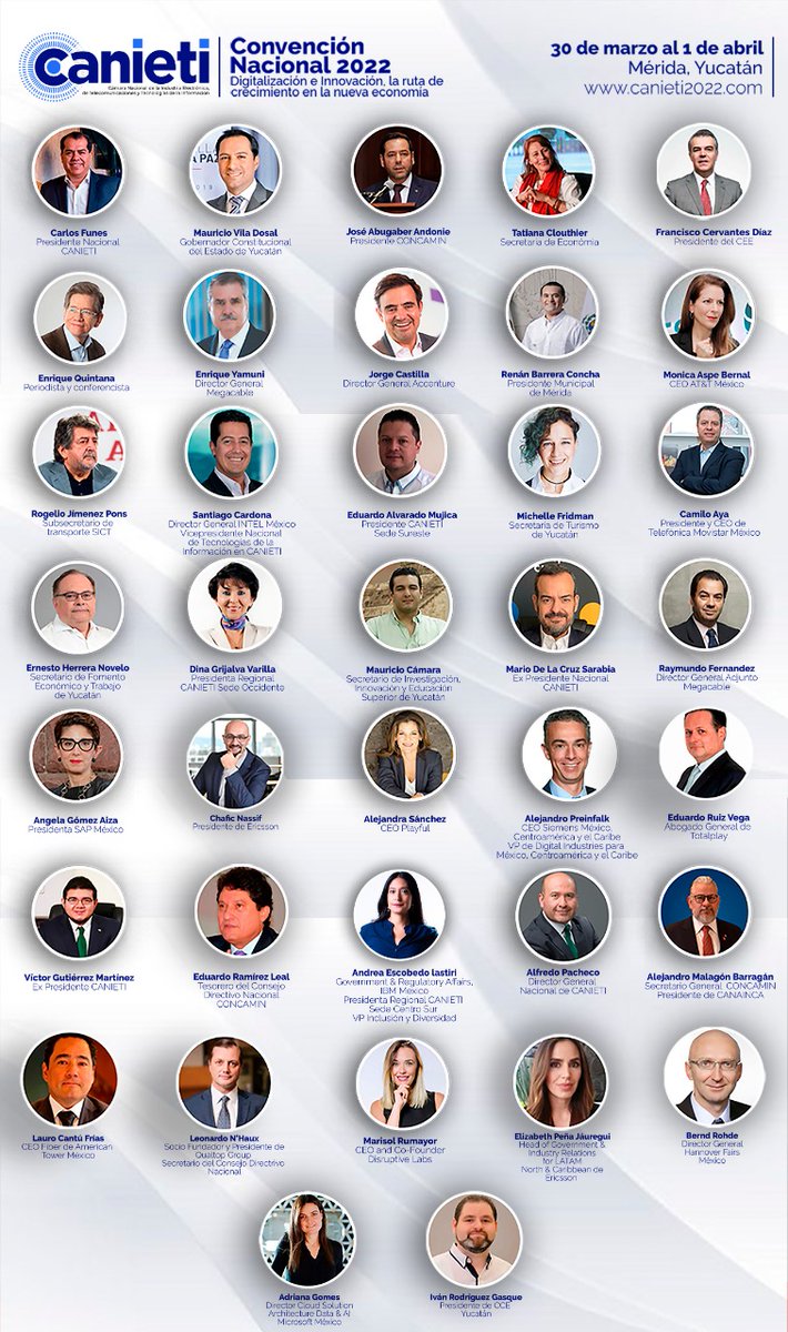 Llegó el día de reunirnos para iniciar #CANIETI2022 La presencia de todas y todos ustedes contribuirá a que este evento sea una gran experiencia <a href="/CarlosFunesG/">Carlos Funes</a>, <a href="/MauVila/">Mauricio Vila</a>, <a href="/abugaberjose/">José Abugaber</a>, <a href="/tatclouthier/">Tatiana Clouthier</a>, <a href="/fcervantes5/">Francisco Cervantes Díaz</a>, <a href="/E_Q_/">Enrique Quintana</a>, <a href="/eyamuni/">Enrique Yamuni</a>, <a href="/Accenture_MX/">Accenture México</a>, <a href="/RenanBarrera/">Renán Barrera</a>, <a href="/maspeb/">Mónica Aspe Bernal</a>, <a href="/jscardona/">Santiago Cardona</a>