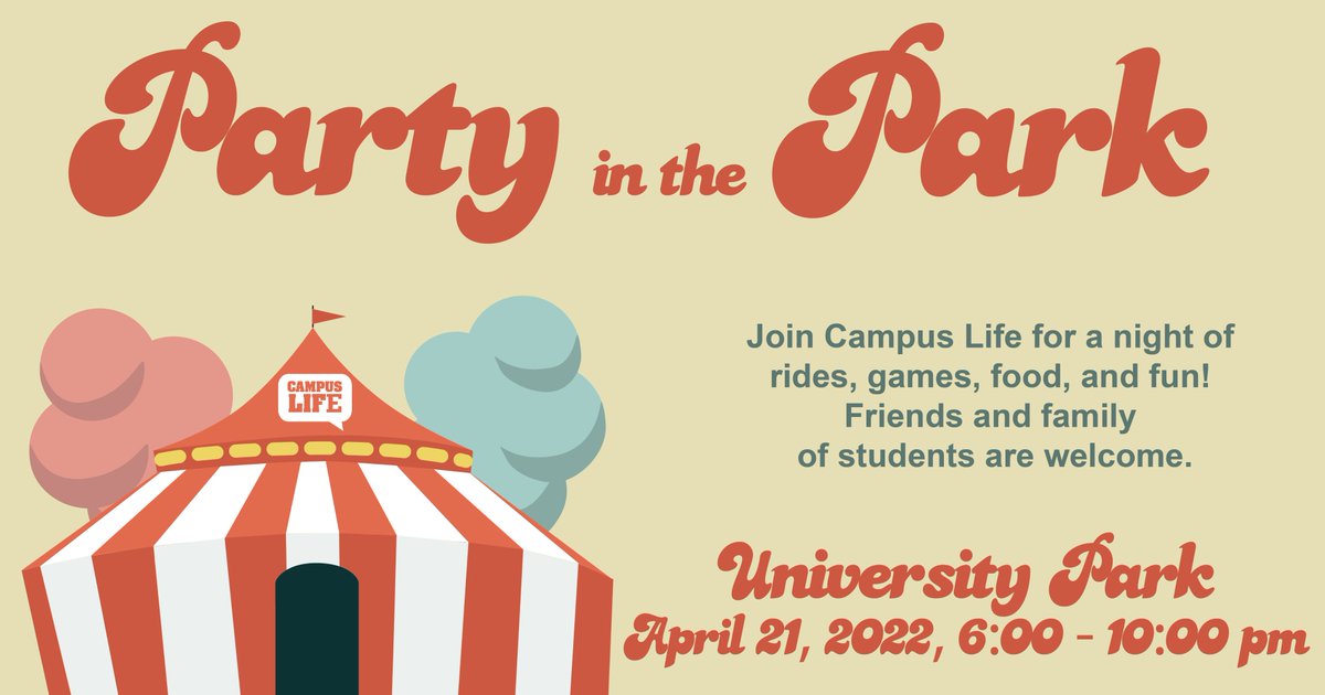 Funnel cakes, fun rides, fun times! Campus Life is hosting EMU's very own Party in the Park! 

Join us on Thursday, April 21st from 6-10 PM in the University Park for free food, rides, games, and more! 🍦🍕

Be sure to bring your friends!🍿🎪