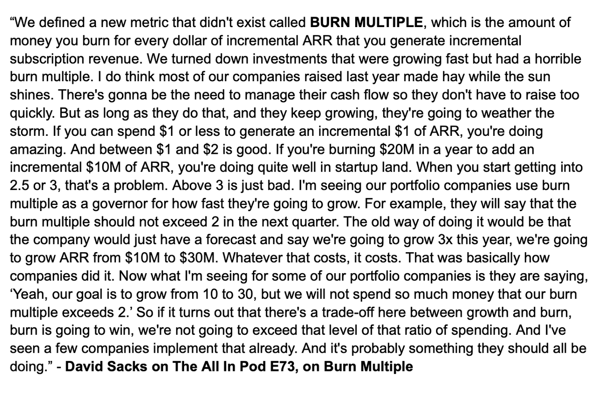 semil's tweet photo. I found this short clip from @DavidSacks on "Burn Multiple" to be very helpful, for startups who need to balance growth desires w/ burn rates, from @theallinpod E73: https://t.co/iDxOWzrCkd