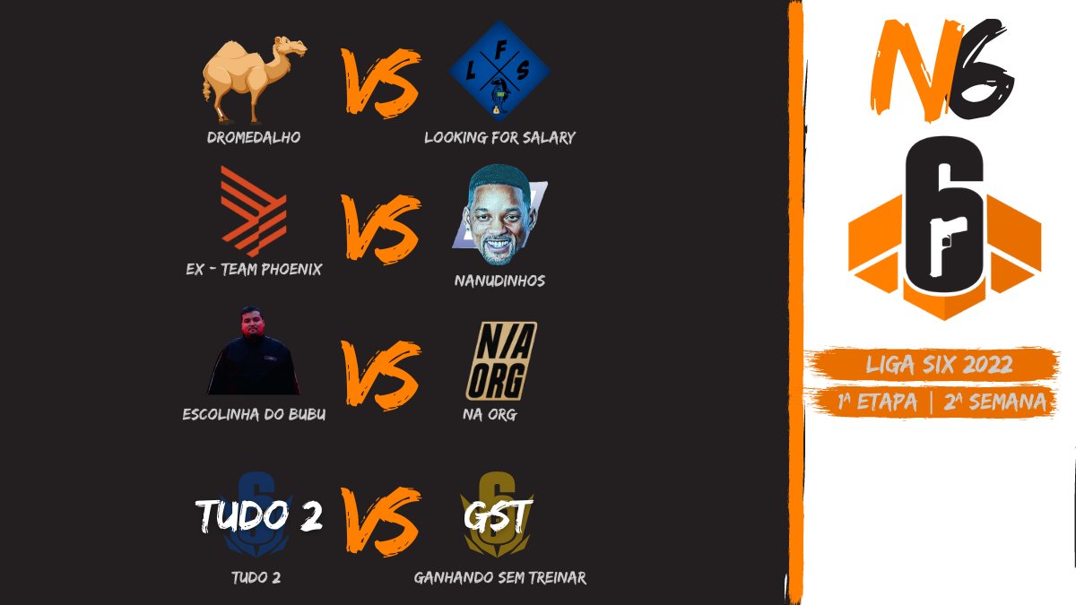 NovaSixR6's tweet photo. 🟠 LIGA SIX 2022 | 1ª ETAPA | 2ª SEMANA

🗓️ 30/03
⏰ À partir das 19H

⚔️ QUARTAS DE FINAL

🇧🇷 @Dromedalho1 🆚 @LFSR6S 🇧🇷

🇧🇷 @ProcuraOrg (Ex-PHX) 🆚 @Nanudinhos 🇧🇷

🇧🇷 #EscolinhaDoBubu 🆚 #NAORG 🇧🇷

🇧🇷 #Tudo2 🆚 #GanhandoSemTreinar 🇧🇷

#LigaSix https://t.co/9urJJ7JuX8