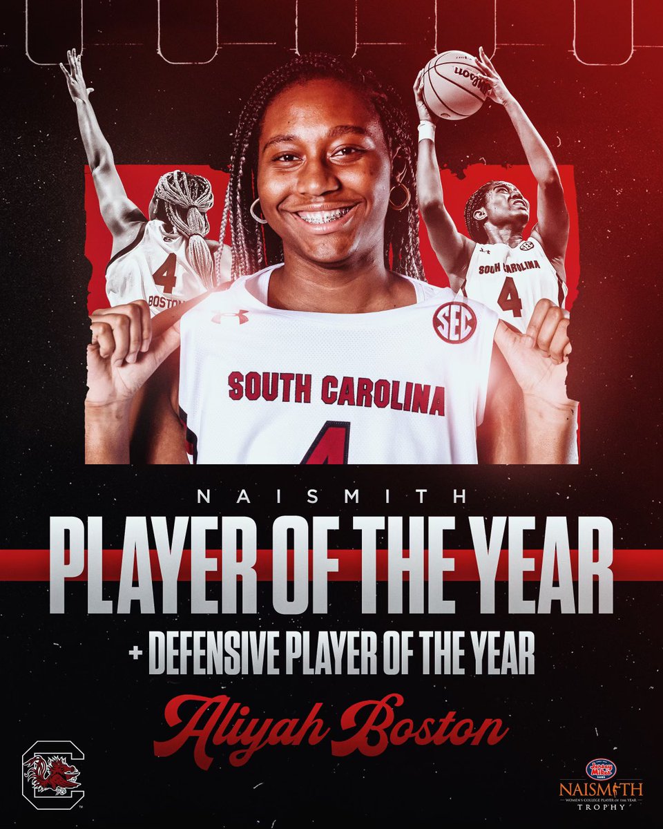 GamecockWBB's tweet photo. 𝐀𝐋𝐈𝐘𝐀𝐇 𝐁𝐎𝐒𝐓𝐎𝐍 ➡️ @NaismithTrophy Player of the Year AND Defensive Player of the Year

🙌🙌🙌🙌 https://t.co/kg5lb1rFFT