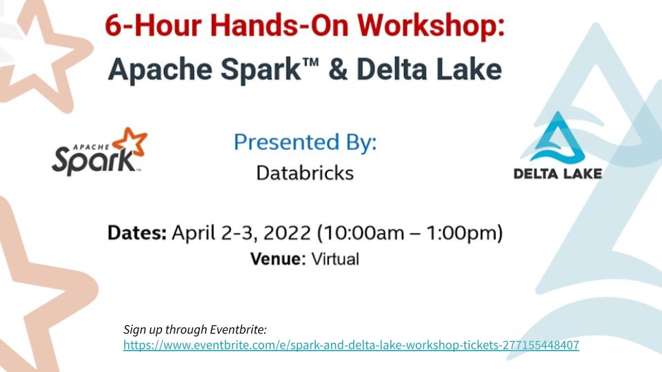 DeltaLakeOSS's tweet photo. Join us this weekend for a two day, 6-hour workshop on architecting reliable scalable solutions with @ApacheSpark and @DeltaLakeOSS, lead by the Databricks Beacon @jaceklaskowski 

Link to register: https://t.co/VefTNA8QzR https://t.co/8wlIRkNb22