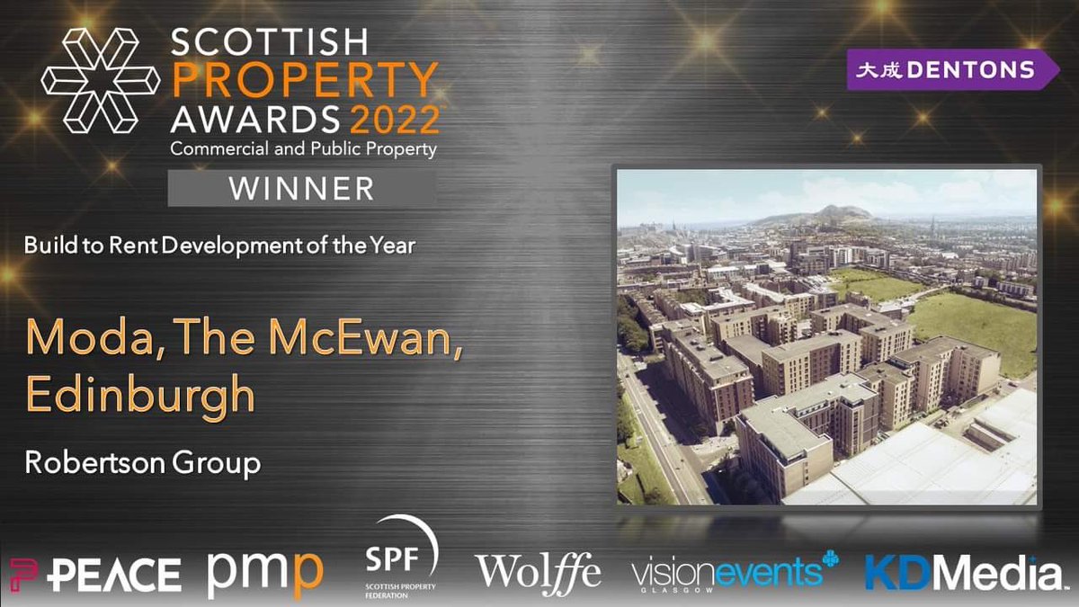 scotpropawards's tweet image. The WINNER of the Build to Rent Development of the Year sponsored by @Dentons is Moda, The McEwan @LiveTheModaLife by @RobertsonGroup #scottishpropertyawards #scotprop22 #comprop #realestate