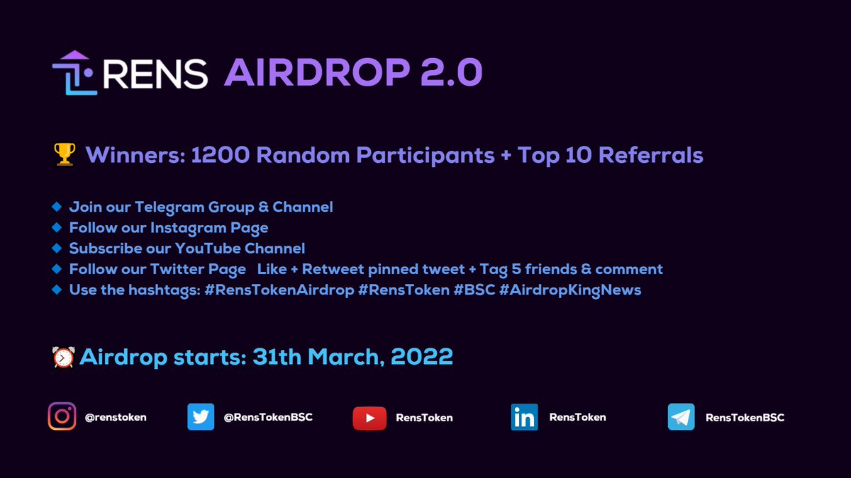 🗣 Rens airdrop 2.0 🚀

t.me/RensToken_Aird…

#airdrop #BSC #binance #Giveaway