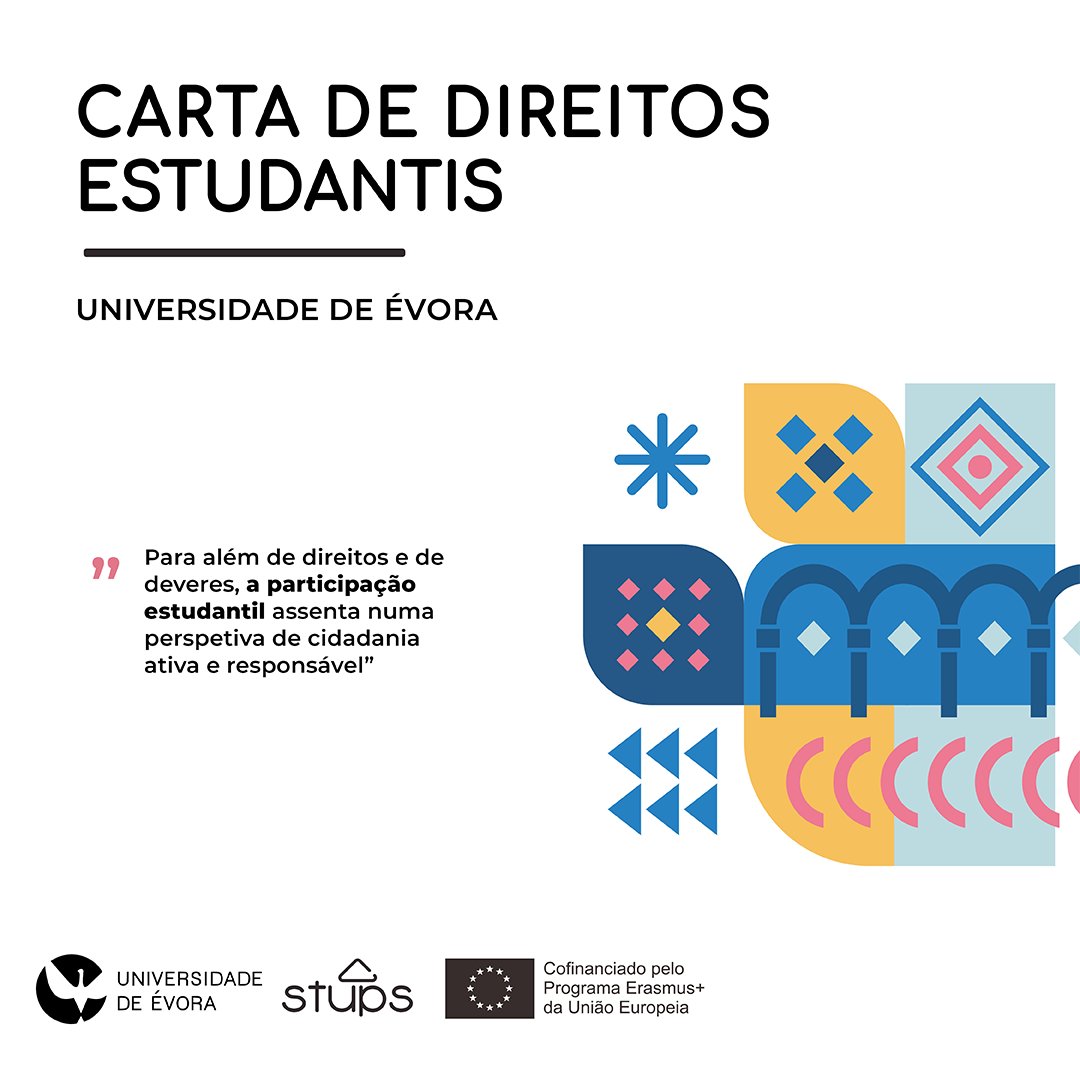 STUPS_pt's tweet photo. A Carta de Direitos Estudantis identifica os teus principais diretos enquanto estudante da Universidade de Évora. Fica a conhecer os teus direitos e deveres no âmbito da participação estudantil através da Carta a divulgar na página do projeto STUPS e disponível no teu SIIUE. https://t.co/lkxtL5RHg8