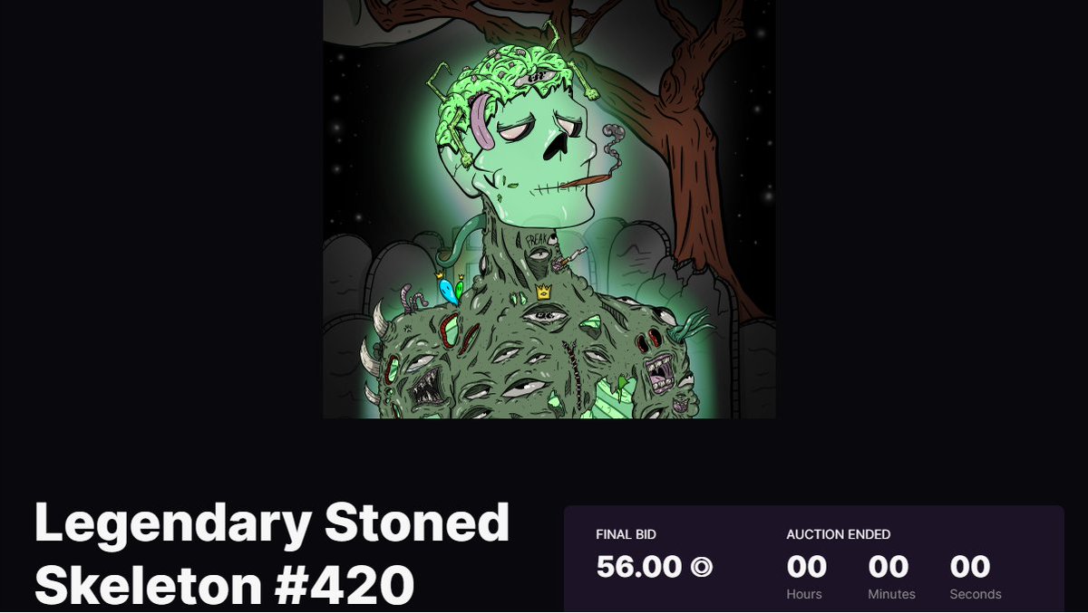 Congratulations to the Bidder, and to <a href="/SkyeKiing/">Skye Green</a> !

The auction has now concluded ⚖️

Legendary Stoned Skeleton #420 has been auctioned for 56 SOL!

🪦🍃