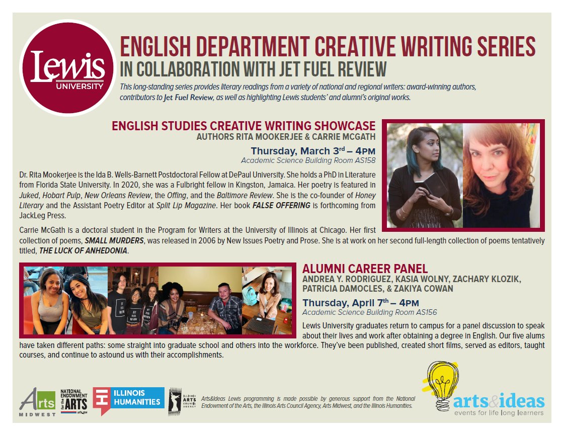 Learn what <a href="/LewisUAlumni/">Lewis Univ. Alumni</a> who studied English are up to after graduating with their undergraduate degree during the Alumni Career Panel!

Join us at 4pm on Thursday, April 7 in AS156 to hear their incredible accomplishments and helpful advice.

<a href="/JetFuelReview/">Jet Fuel Review</a>