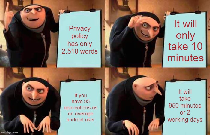 2ProtectPrivacy's tweet photo. 🤔Why are mobile app #TermsAndConditions and #PrivacyPolicies so long?

 📌Tech companies protect themselves from any user claim and avoid legal consequences

📌They gain access to user's personal information on the device

Learn more about it here👇
https://t.co/bceFKCNDdW https://t.co/9eb3hdxWE3