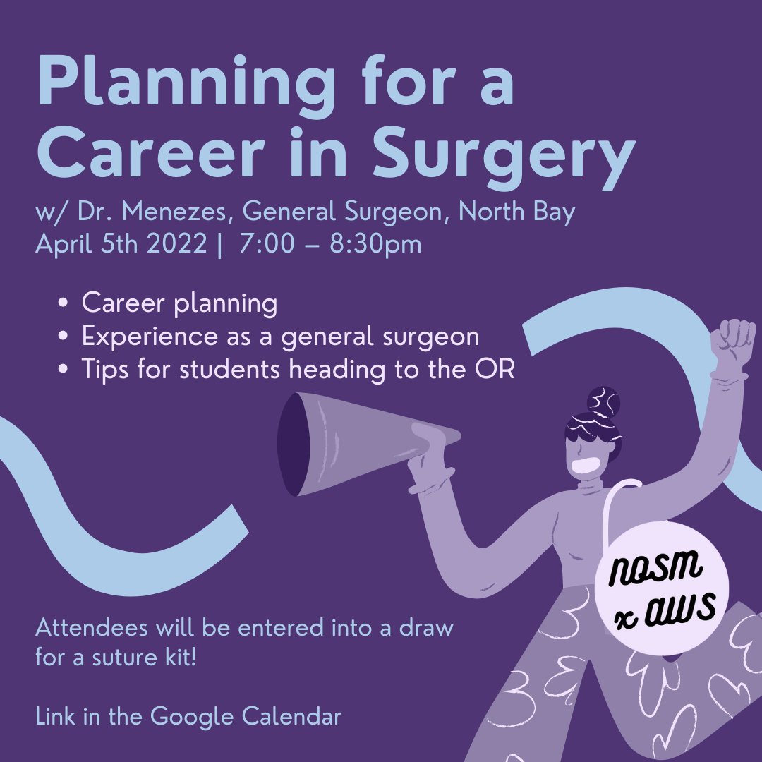 nosmaws's tweet photo. Hey @thenosm students! 

Join us April 7th to learn with @DrAmberMenezes, a general surgeon practicing in North Bay, as she covers career planning, her experience as a general surgeon, and tips on what she thinks med students should know before heading to the OR! 🤩 https://t.co/sje2xgU8zJ