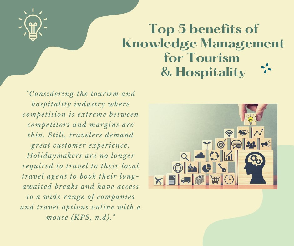 When guests are satisfied with their experience, they are more likely to become repeat customers. Check out our blog on the top 5 benefits of Knowledge Management for Tourism and Hospitality.

#TourismandHospitality #KnowledgeManagement 

…taldestination-marketing.blogspot.com/2022/03/knowle…