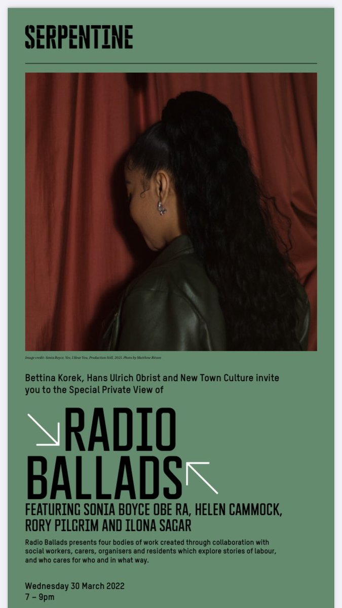 Congratulations <a href="/SerpentineUK/">Serpentine</a> for amassing a great moment of connectivity tonight. Radio Ballads presents four bodies of work created through collaboration with social workers, carers, organisers and residents which explore stories of labour ft #soniaboyce
