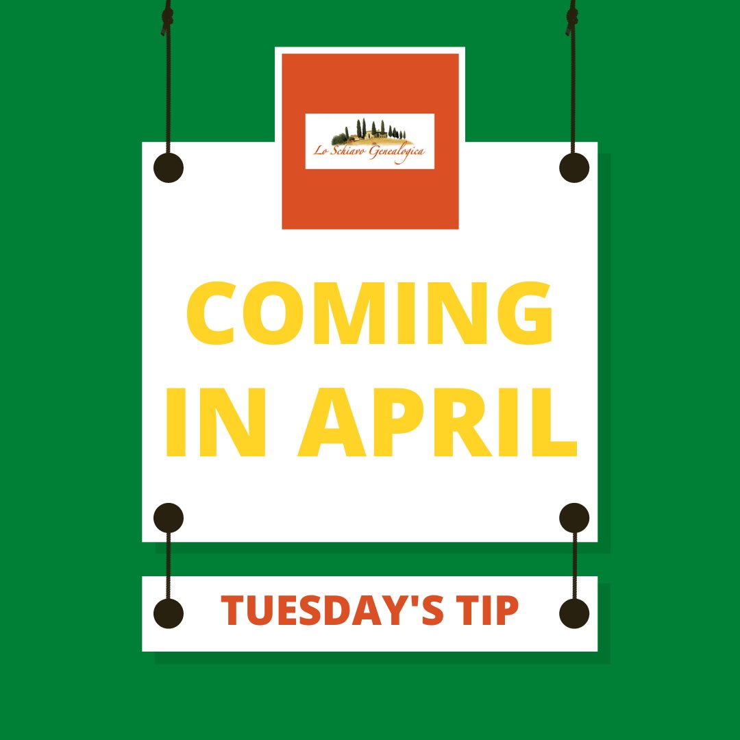 Melanie532's tweet photo. Coming in April: Tuesday's Tip!  Each week, a tip for either Italian genealogy research or Italian dual citizenship.  If you aren't subscribed to our e-newsletter yet, sign up today so you don't miss a thing!

LINK: https://t.co/nLGrWiWA3f https://t.co/hE9KdSmTvw