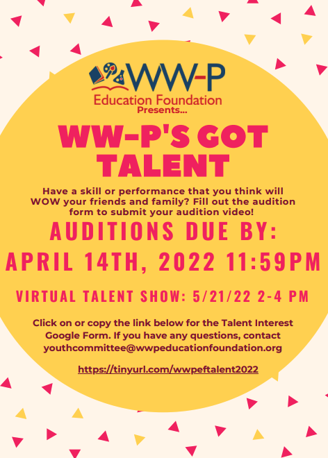 Get ready for the #WWP Education Foundation's WW-P's Got Talent Virtual Talent Show April 21, 2022 from 2-4 p.m. Auditions must be submitted by April 14 at 11:59 p.m. Learn more and sign up at bit.ly/3wINN9R