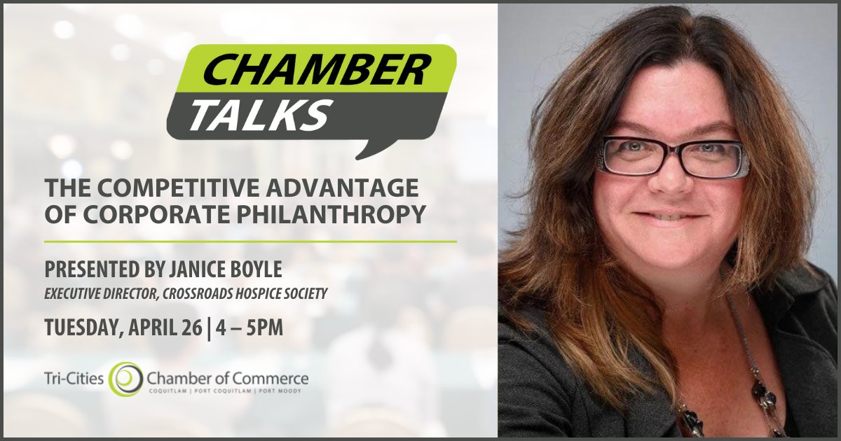 #ChamberTalks is our newest educational series, and we are pleased to have Janice Boyle, Executive Director of <a href="/CrossroadsCares/">Crossroads Hospice Society</a>, as the presenter at our inaugural event!

Join us on Apr 26 to learn about the competitive advantage of corporate philanthropy: bit.ly/3Lp7yHG